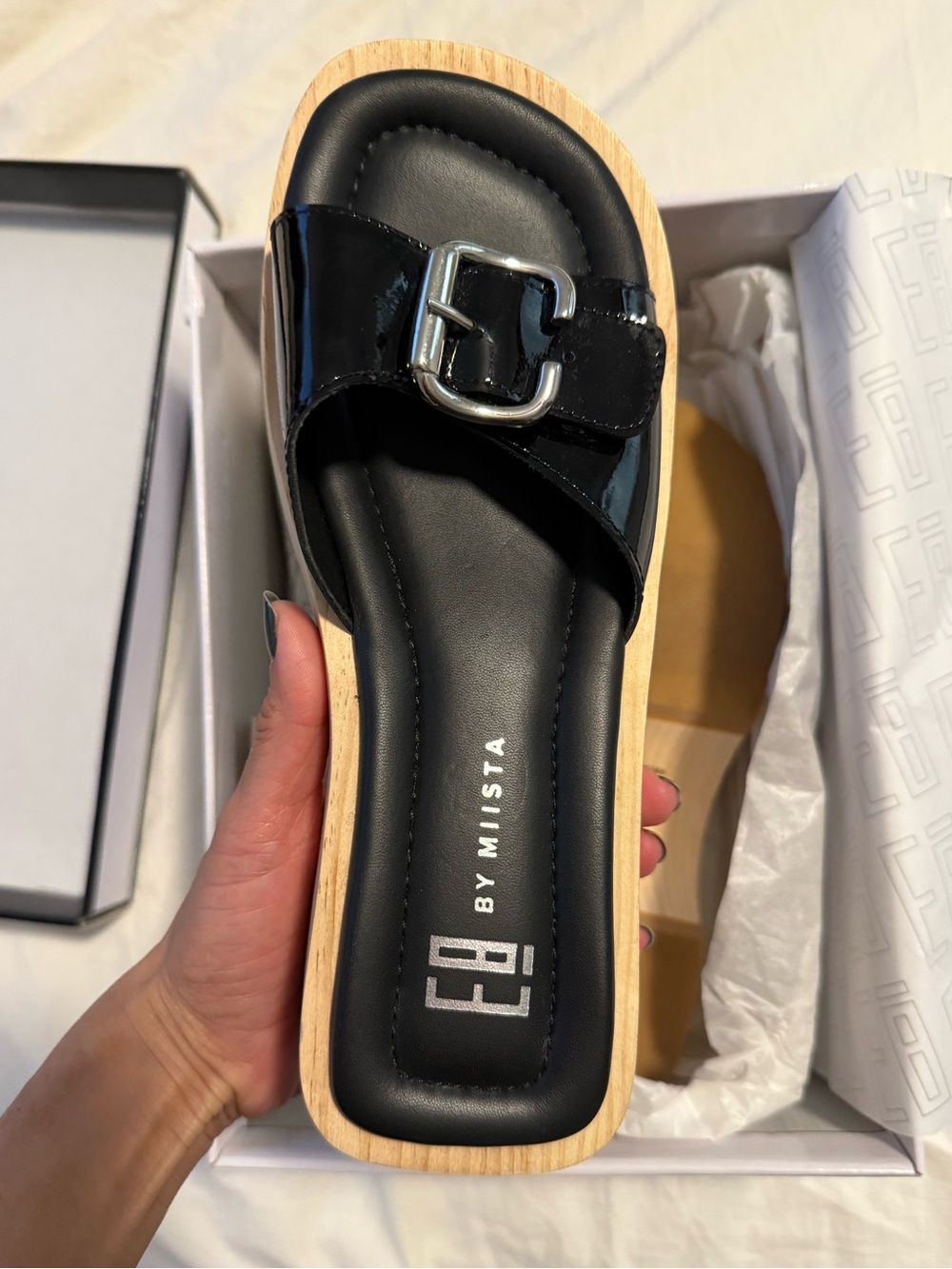 Miista Black Patent Buckle Wood-Effect Slide